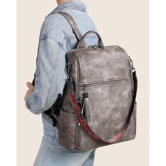 Women's Grey  Retro Style Backpack Designer 15.6 inch PU Leather Laptop Bags - Picture 7 of 9